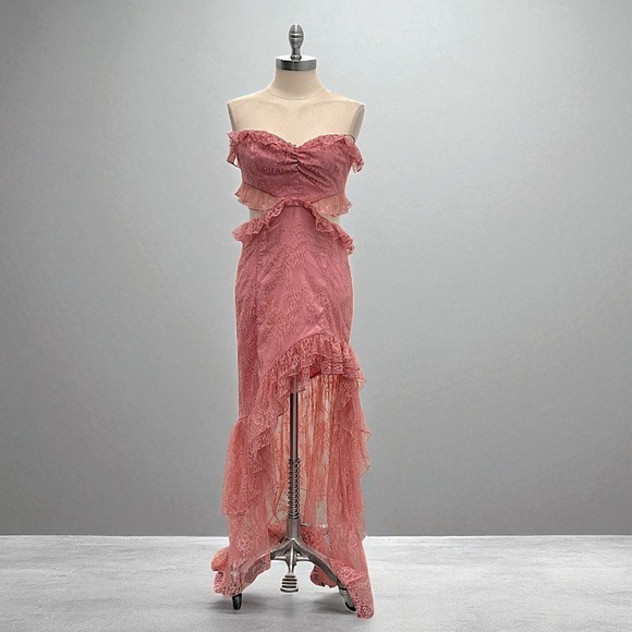 MAJORELLE Dresses & Skirts - Majorelle Sonia Gown Pink Lace Strapless Cutout Ruffle Maxi Dress